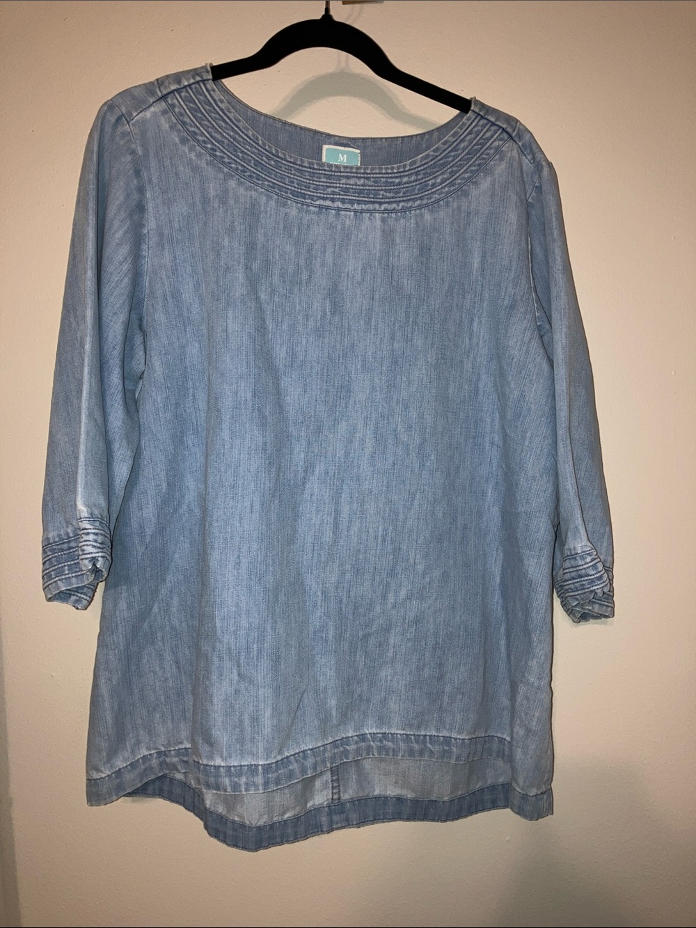 Martha Stewart Light Blue Denim-Style Tunic Top 3/4 sleeve Large